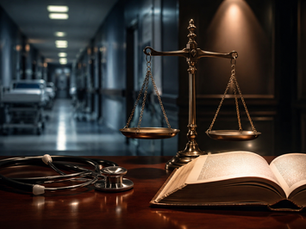 Balança de justiça dourada sobre uma mesa de madeira, ao lado de um estetoscópio e um livro aberto, em um cenário que remete ao direito e à saúde no tribunal.