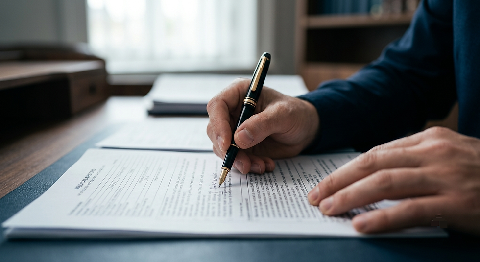 Advogado revisando TCLE sobre a mesa, em ambiente de escritório, remetando a erro de comunicação médica e pericia judicial.