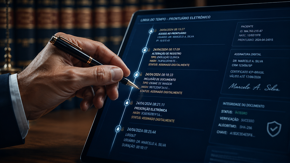 Mão escrevendo com caneta sobre tablet exibindo um prontuário eletrônico com registro de acesso, assinatura digital e status de documento em ambiente jurídico.