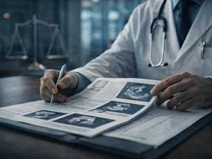 Médico analisando uma reportagem com imagens de ultrassom, representando o exame de ultrassom de diversas áreas do corpo.