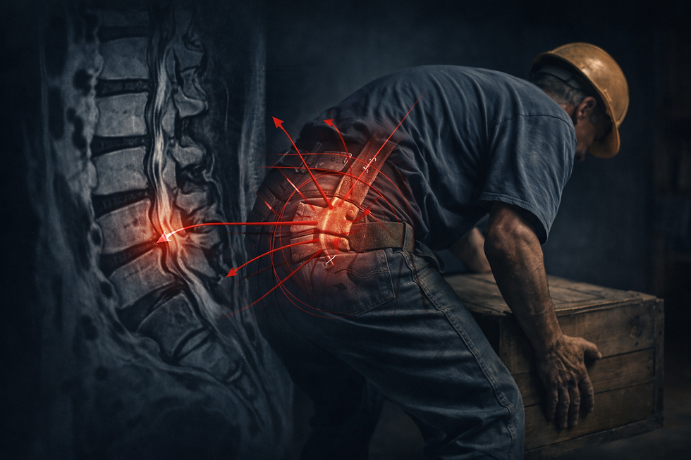 Ilustração de um trabalhador com dor na região lombar, com destacou de pontos de dor na coluna na ilustração, simbolizando lombalgia ou dor nas costas, enquanto ele realiza uma tarefa de trabalho pesado.