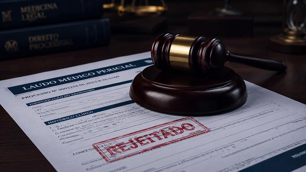 Gavel de madeira e martelo de juiz sobre um documento de audito médico com carimbo “REJEITADO”, em cena de perícia e processo legal.