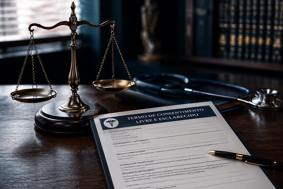 Um formulário de consentimento médico TCLE, uma caneta, um estetoscópio e uma balança de justiça de latão estão dispostos sobre uma mesa de madeira em um ambiente que destaca a responsabilidade médica e a importância da comunicação em consultórios médicos ou jurídicos.