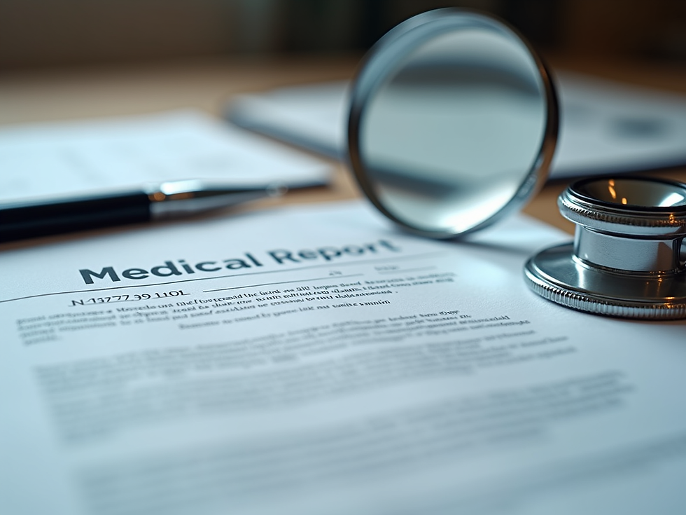 Relatório médico com lupa e estetoscópio em primeiro plano, simbolizando avaliação médica e exames de saúde.
