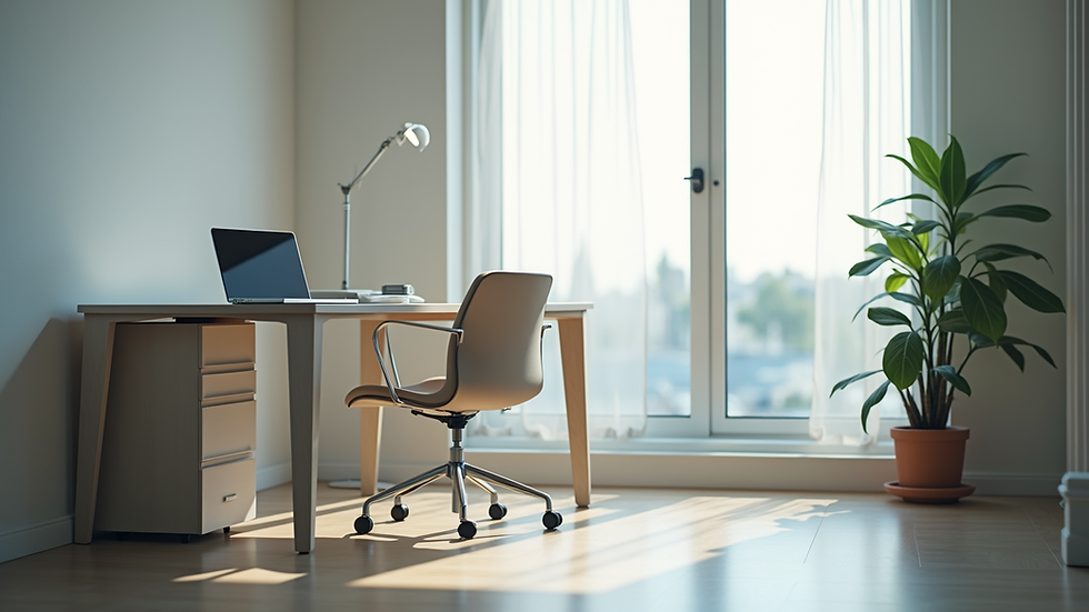 Eye-level view of a serene office space with a single desk and chair