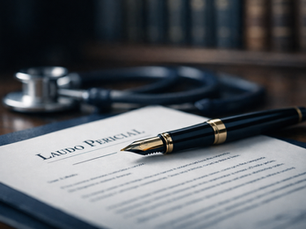 Imagem de um laudo pericial em papel formal com uma caneta sofisticada sobre uma mesa de madeira, junto com uma balança de medicina legal ao fundo, representando o tema de perícias e documentação oficial.