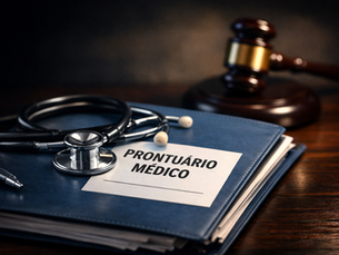 Documentos médicos e estetoscópio em destaque na mesa, simbolizando atendimento de saúde, com um martelo de juiz ao fundo, representando avaliação e decisão eletrônica.