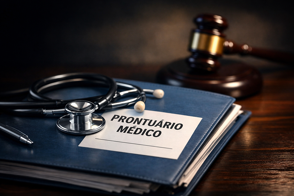Documentos médicos e estetoscópio em destaque na mesa, simbolizando atendimento de saúde, com um martelo de juiz ao fundo, representando avaliação e decisão eletrônica.