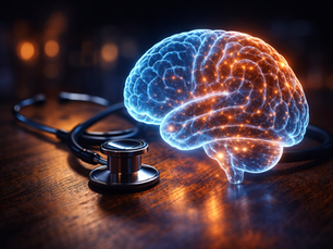 Imagem de um cérebro iluminado com efeitos digitais, colocado ao lado de um estetoscópio em uma superfície de madeira, representando o limiar entre IA e Medicina.
