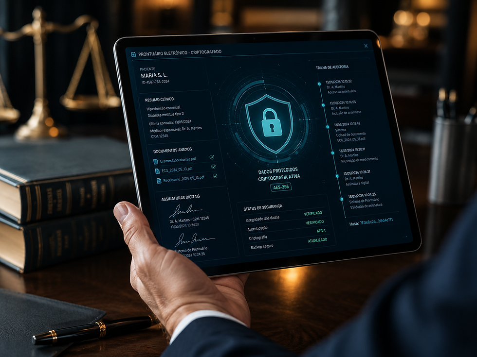 Pessoa segurando tablet com interface de prontuário eletrônico e criptografia, com dados protegidos, status de segurança e ícone de cadeado em estilo holográfico, ao lado de livros e estetoscópio no escritório.
