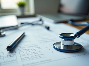Imagem de estetoscópio, papéis e caneta sobre uma mesa, relacionada à área médica, com foco em saúde e atendimento médico, em ambiente de consultório.