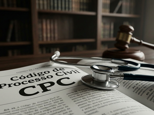 Imagem de um código de processo civil da Lei 13.105/2015, com um estetoscópio e um martelo de juiz em uma mesa, em ambiente de escritório ou biblioteca, relevante para estudo e prática jurídica.