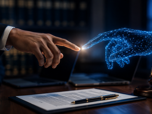 Pessoa em escritório de advocacia estendendo a mão e oferecendo um contrato, enquanto uma mão digital holográfica com rede de pontos e linhas sugere tecnologia e inteligência artificial no direito