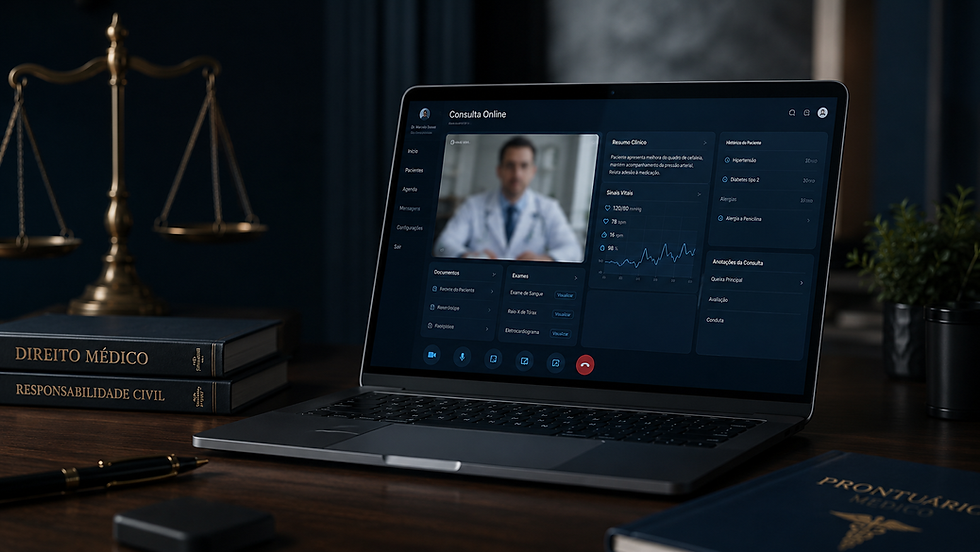 Notebook exibindo painel de “Consulta Online” com dados e gráficos, ao lado de livros de Direito Médico e Responsabilidade Civil, em ambiente de escritório com balança de justiça ao fundo.