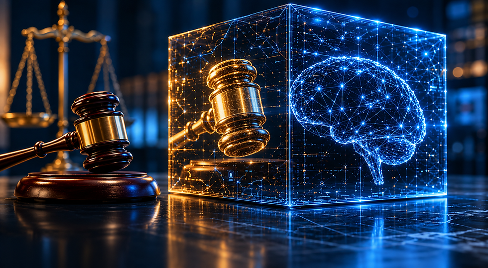 Martelo de juiz em metal dourado sobre mesa de tribunal ao lado de um modelo holográfico com cérebro em rede de pontos e linhas, simbolizando tecnologia, justiça e inteligência artificial