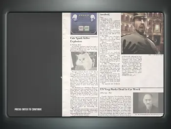 I love the post-mission newspapers in this game. The summaries for the missions are fine, but the side articles are wonderful.