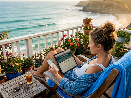 Woman researching surf camp alternatives online