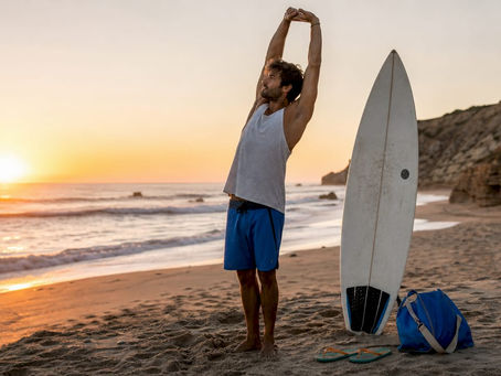 Surfer demonstrating fitness stretch on beach