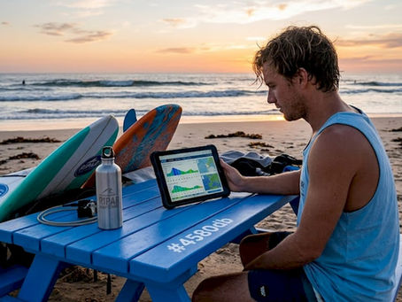Surfer checking forecast on tablet at beach