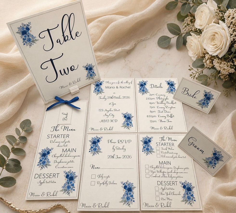 High angle view of a completed wedding stationery set including invitations, RSVP cards, and thank you notes