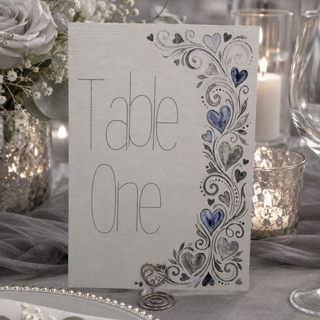 Wedding table number card with grey heart design