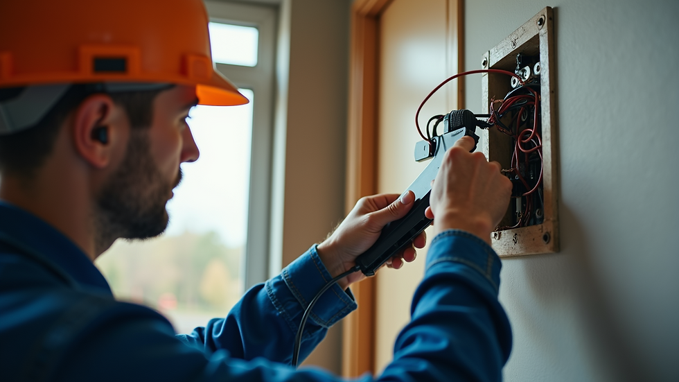 Eye-level view of an electrician inspecting home wiring