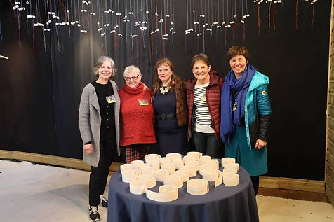From left to right: Martine Danoy, Chantal Durand, Léna H Coms, Marité Gendron and Gaëlle Tollitte, in front of Martine Danoy's installation, at the Menuiserie, in Clécy. | WEST FRANCE