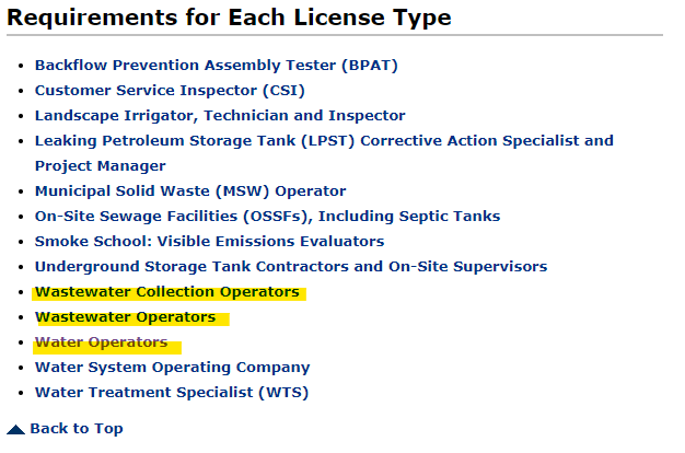 A list of categories for TCEQ license requirements