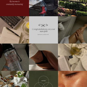 Collage with text: "My income is constantly increasing," "She's building her own empire." Office, groceries, budget planner, new job, self-care, and fitness themes.