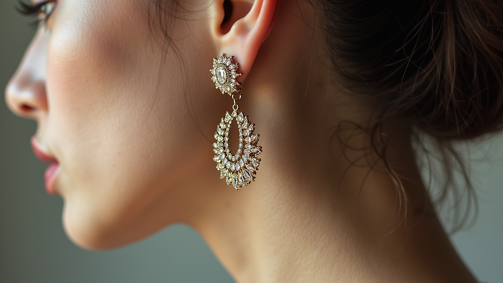 Eye-level view of a model showcasing a pair of elegant earrings