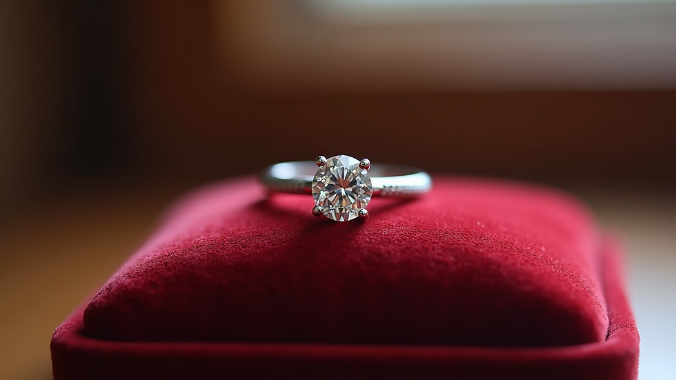 Close-up view of a diamond ring on a velvet cushion