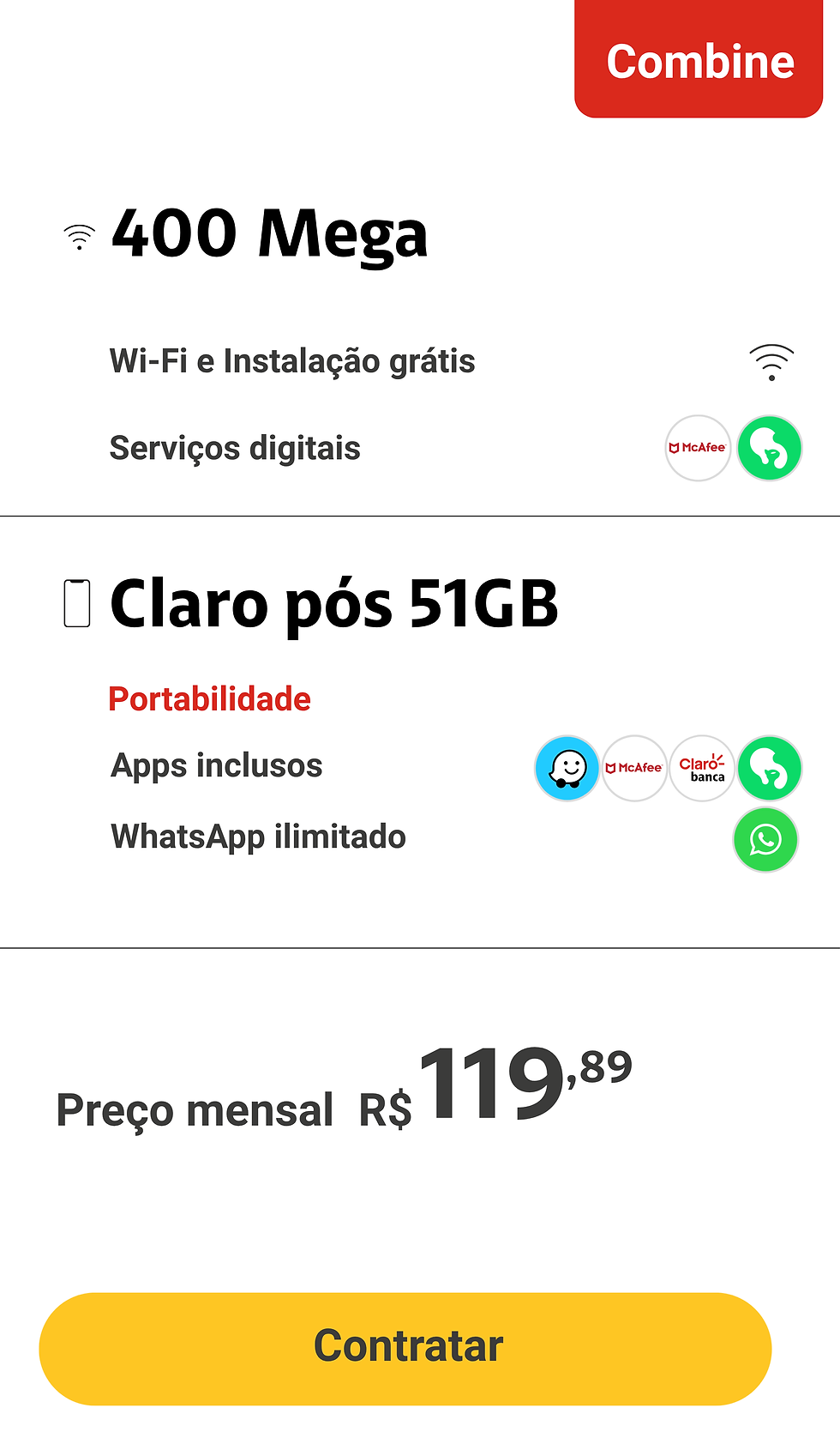 Claro Fibra 400 Mega com móvel 51GB