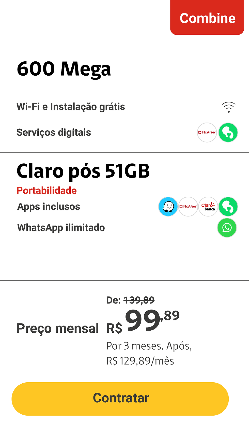 Claro Fibra 600 Mega com móvel 51GB
