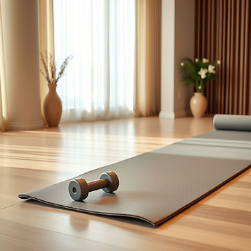Create a Pilates inspired picture with two small dumbbells, a Pilates mat in a calm luxuri