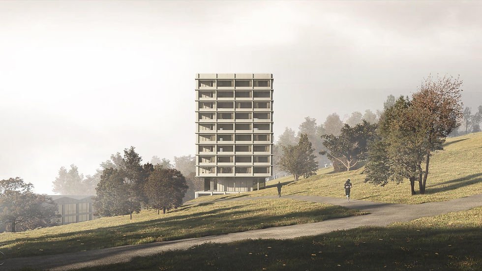 exterior competition rendering, A cyclist rides along a path near trees and a modern, multi-story building on a misty day, creating a serene, natural atmosphere.