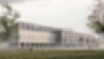 exterior photorealistic rendering of a four-story building with large windows, set in a grassy area with trees. People and a dog are walking under a cloudy sky.