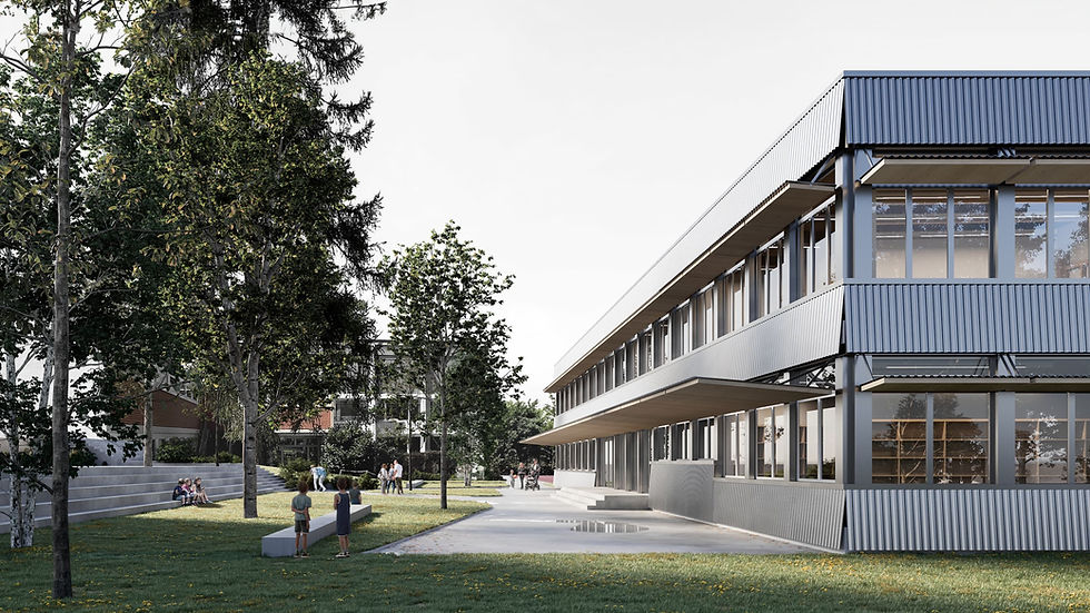 exterior photorealistic competition rendering, Modern school building with large windows on the right, trees and grass in the foreground. People are gathered in small groups, enjoying a sunny day.
