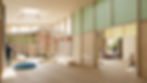 interior photorealistic rendering of a kindergarten, kids school, Children play in a bright, wooden daycare with colorful walls and skylights, while adults supervise. Drawings adorn the walls.