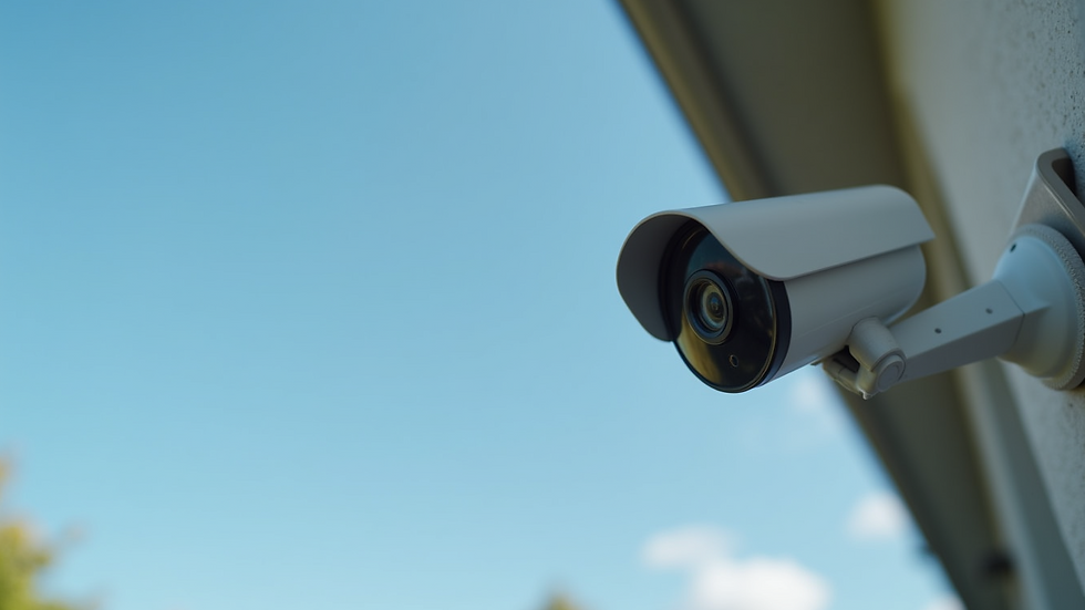 Close-up view of a security camera mounted on a house exterior