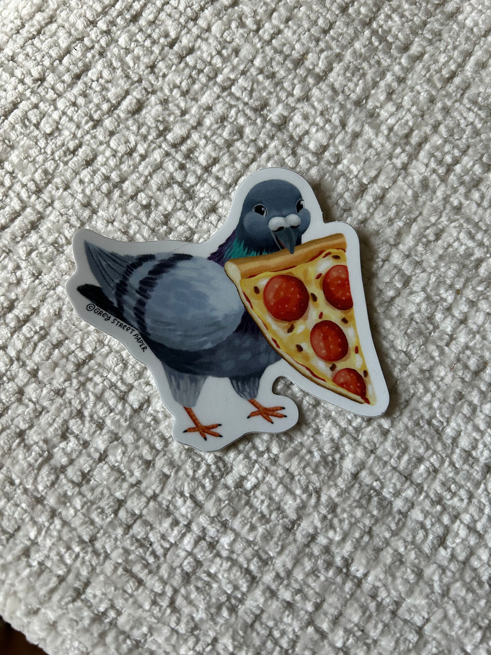 Thumbnail: Pigeon sticker featuring a New York City pigeon carrying a slice of pepperoni pizza.