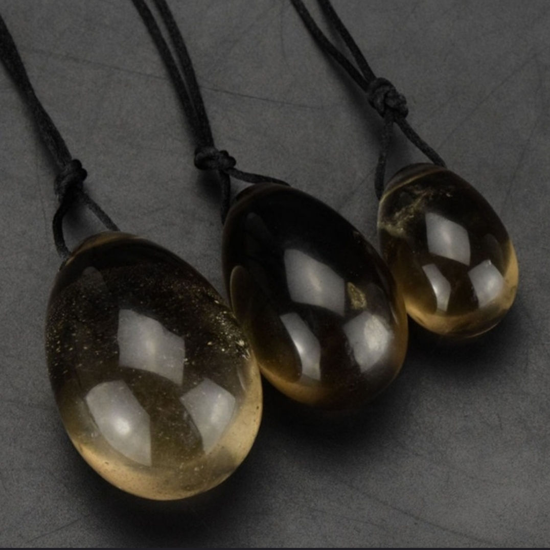 3 Pcs Drilled Natural Smokey Quartz Crystal Yoni Egg w/ Storage Pouch Cord Set