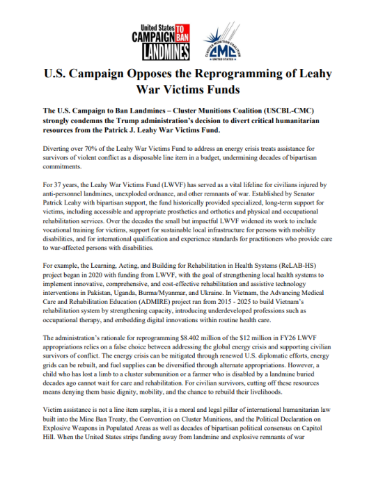 U.S. Campaign Opposes the Reprogramming of Leahy War Victims Funds
