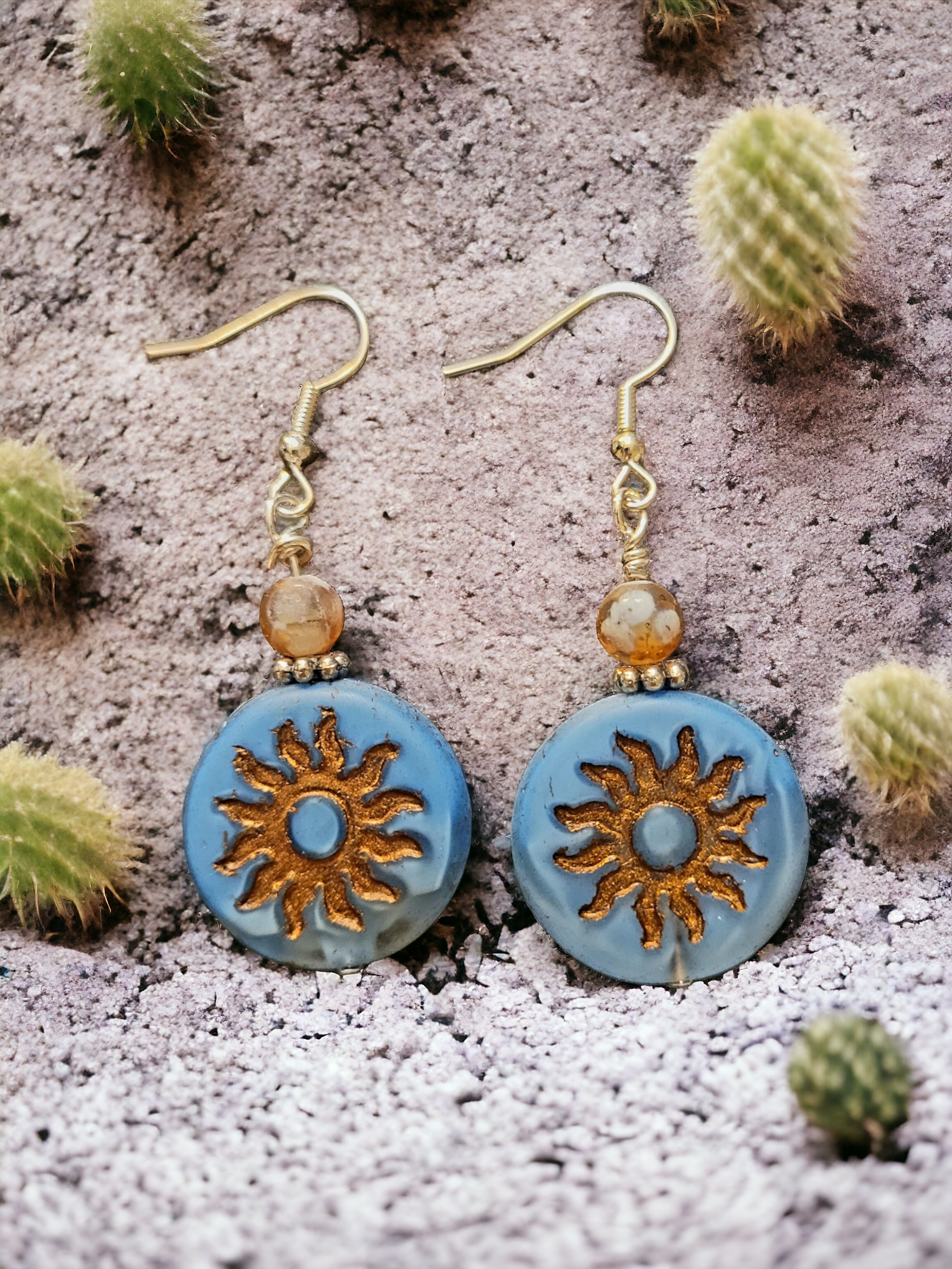 Light Blue Washed Copper Sun Bead Earrings