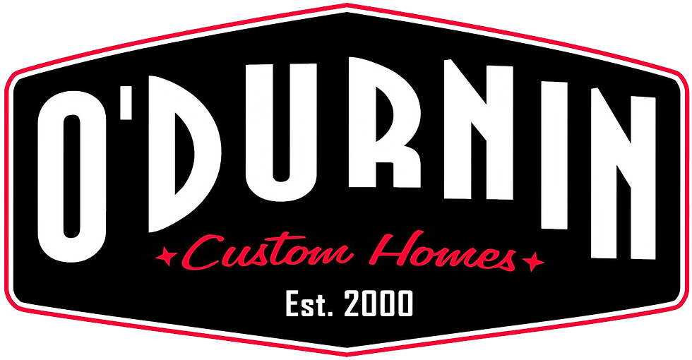 Logo for O'Durnin Custom Homes, featuring bold white text on a black background with red accents and the tagline "Est. 2000."