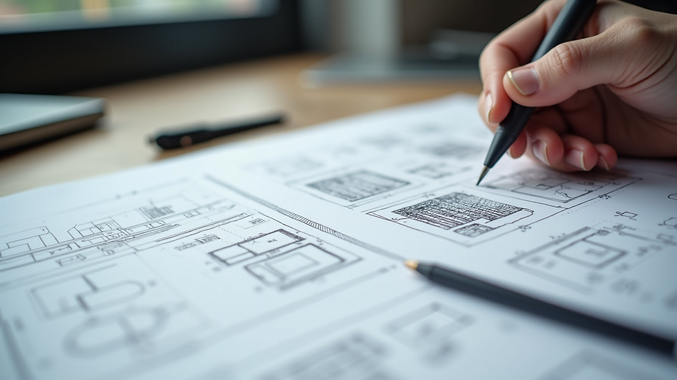 Close-up view of a designer’s desk with sketches and digital wireframes