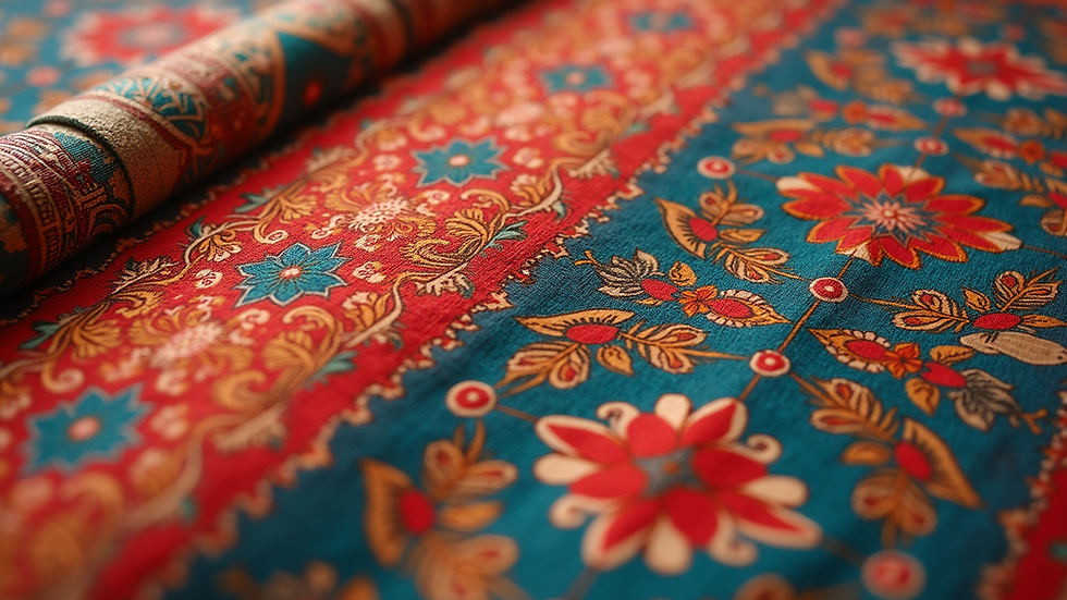 Close-up view of a hand-painted Indian textile with intricate patterns