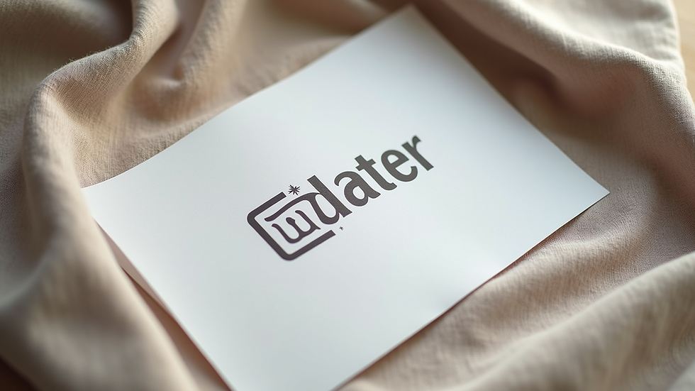 High angle view of a simple, clean logo printed on various materials
