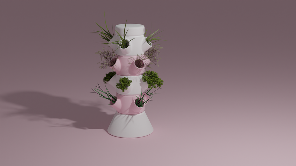 Hydroponic tower product design with pink background. 3D Printing Derby.