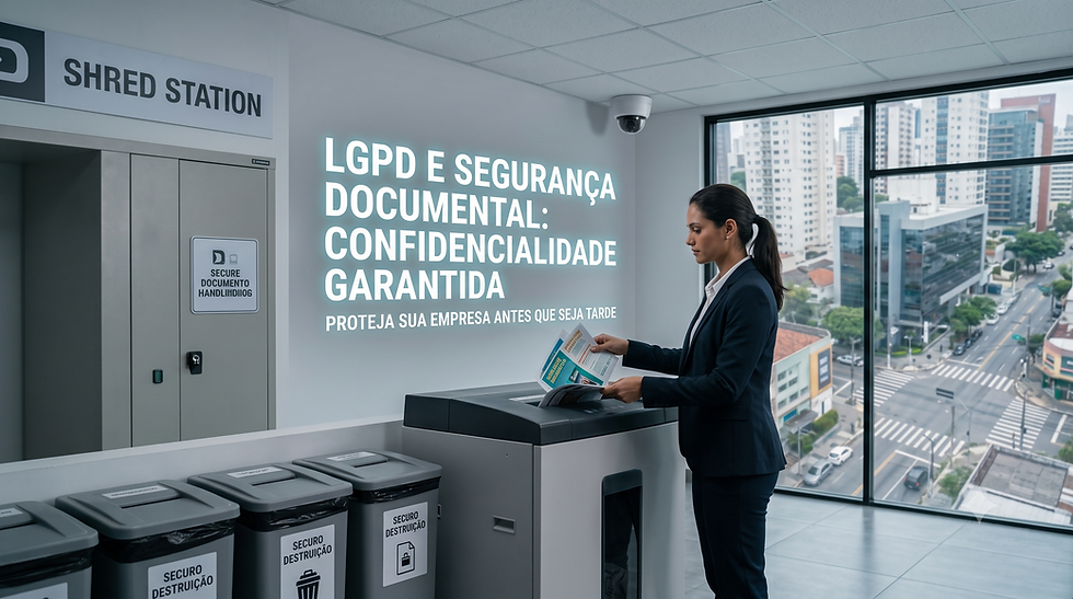 Mulher em escritório coloca documentos na trituradora; parede diz LGPD e Segurança Documental, com vista da cidade.