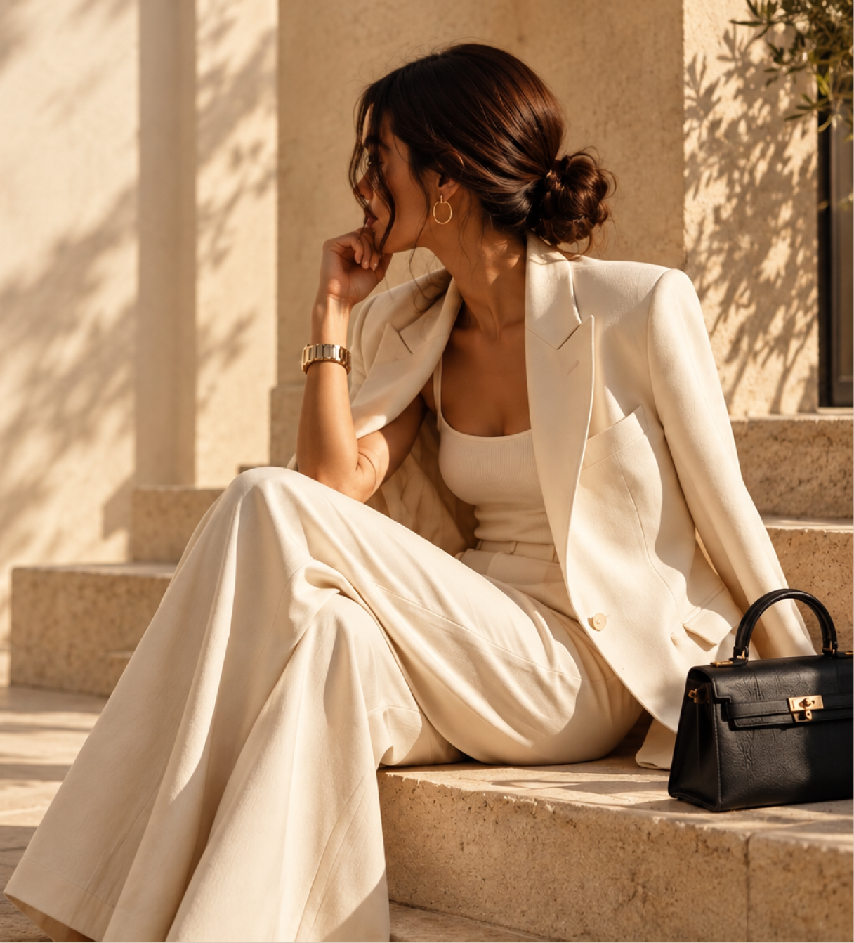 Woman in an ivory linen suit seated on sunlit stone steps